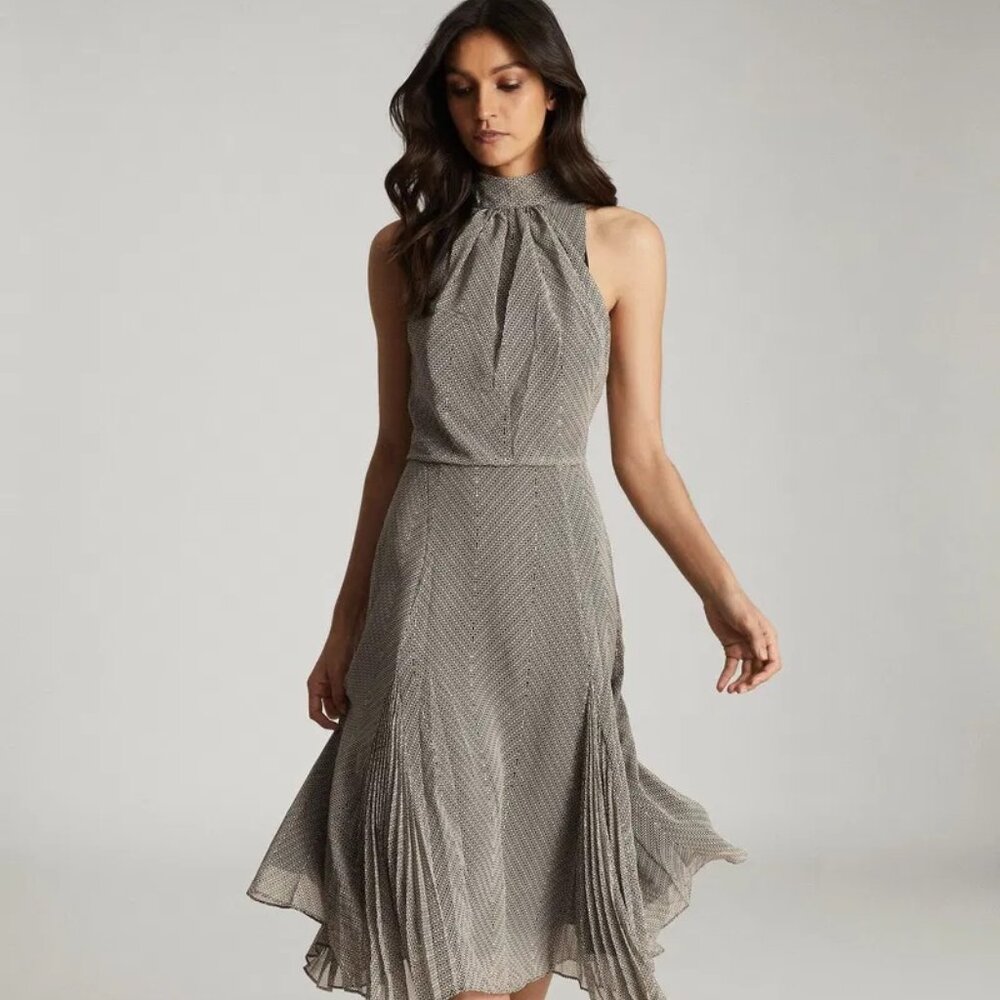 NWT Reiss Black White Printed Midi Dress Women’s Size 2 Wedding Guest Cocktail